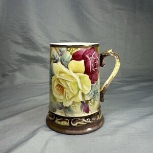 ANTQ Victorian Nippon Hand Painted Stein Mug Cabbage Rose Pre 1922 Cottagecore